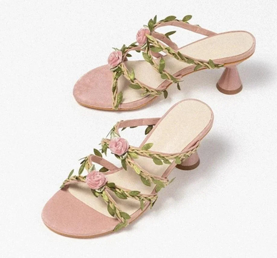 Pink Rose Applique Vine Low Heel Women Shoes - Glova