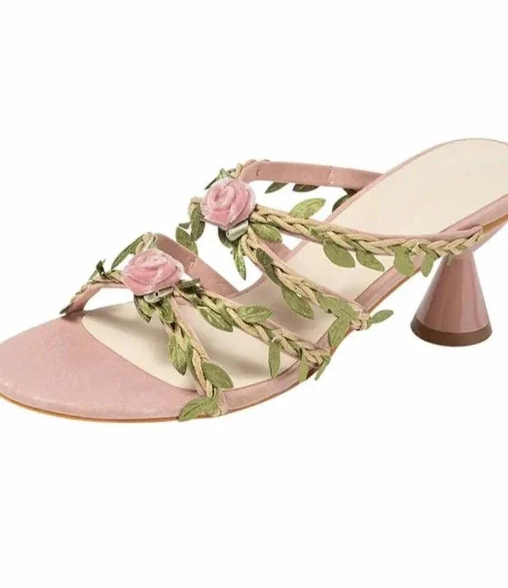 Pink Rose Applique Vine Low Heel Women Shoes - Glova