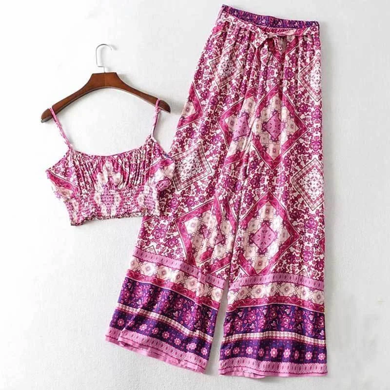 Pink Tribal Print Shirred Cami Top & Belted Trousers - Glova