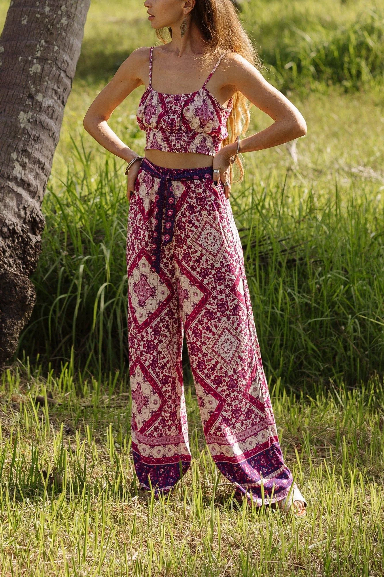 Pink Tribal Print Shirred Cami Top & Belted Trousers - Glova