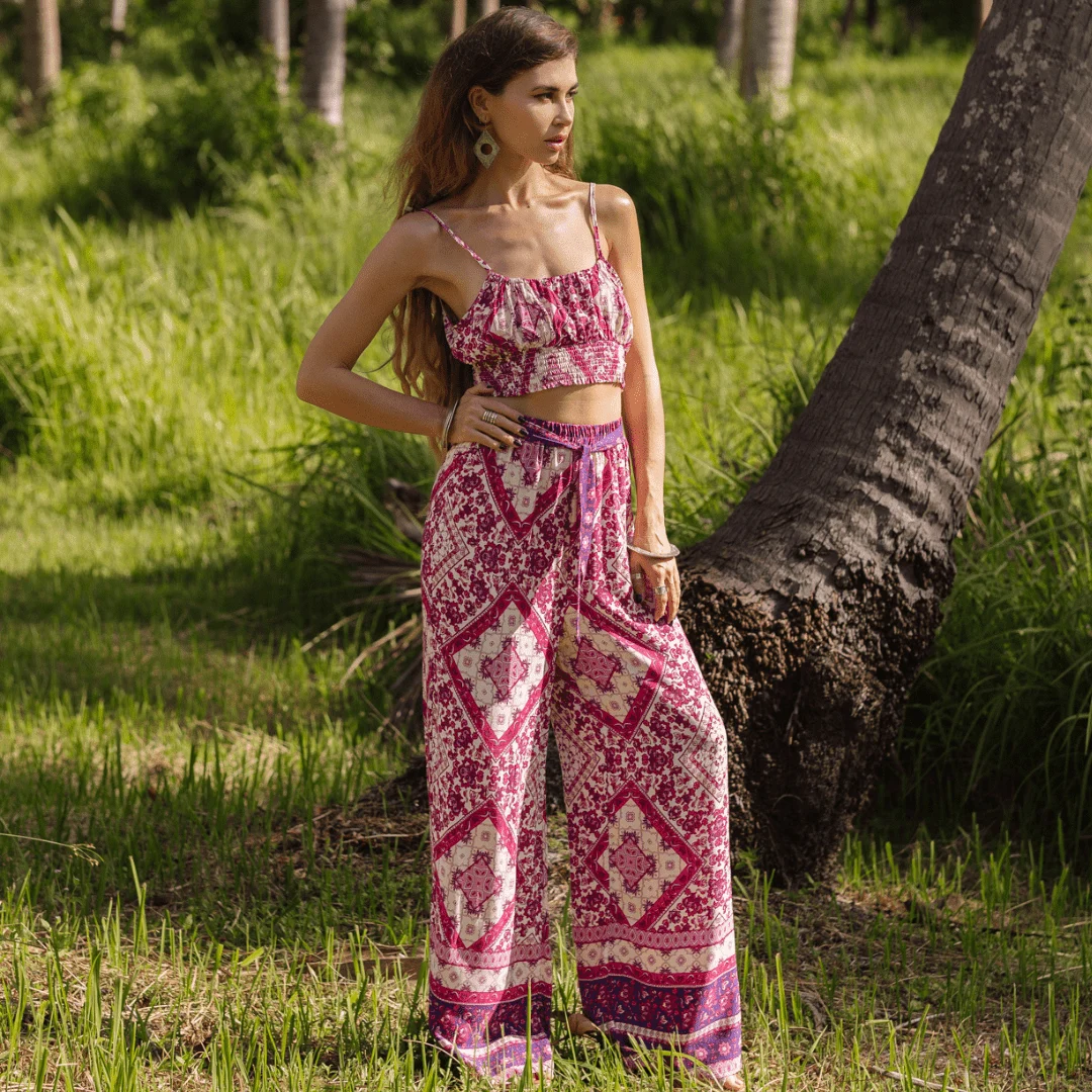 Pink Tribal Print Shirred Cami Top & Belted Trousers - Glova