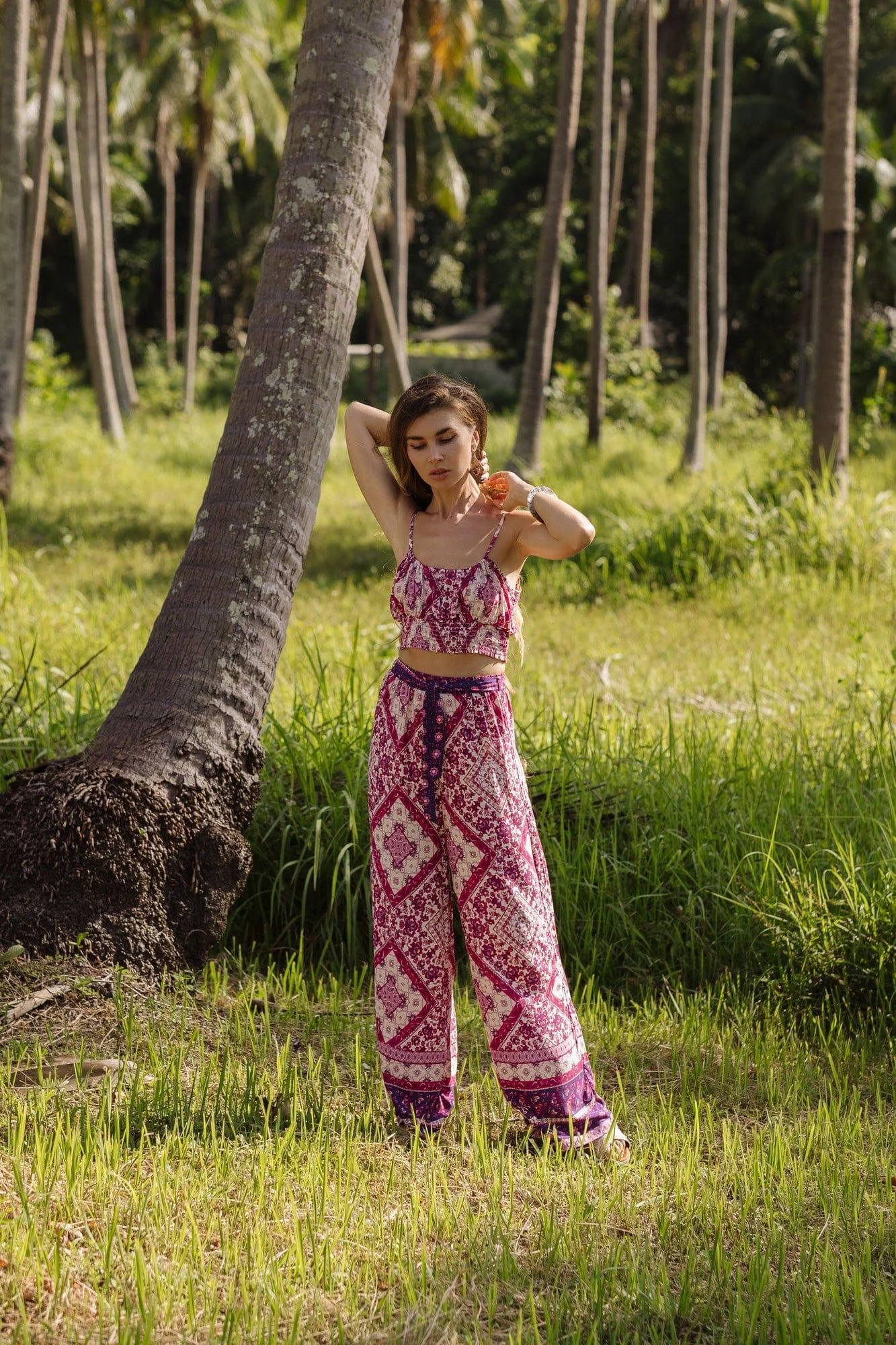 Pink Tribal Print Shirred Cami Top & Belted Trousers - Glova