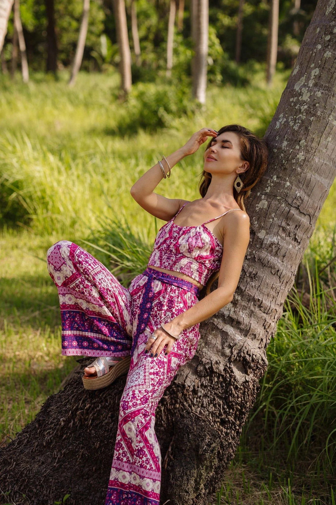 Pink Tribal Print Shirred Cami Top & Belted Trousers - Glova