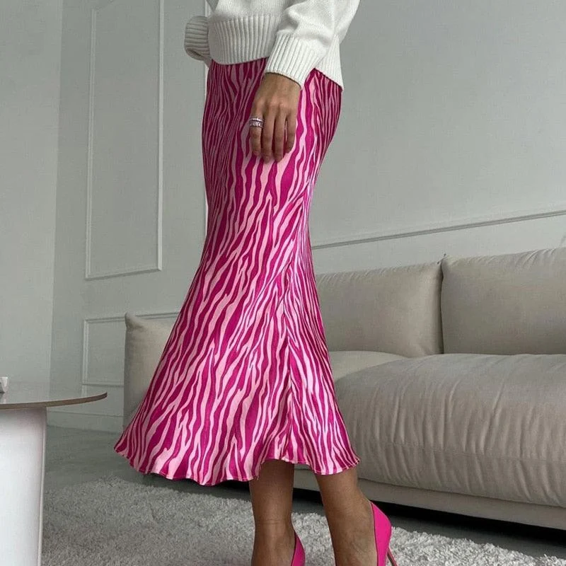 Pink Zebra Midi Mermaid Satin Skirts - Glova