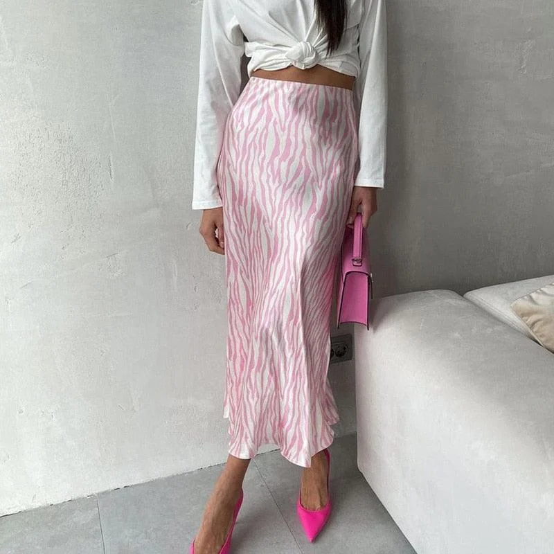 Pink Zebra Midi Mermaid Satin Skirts - Glova