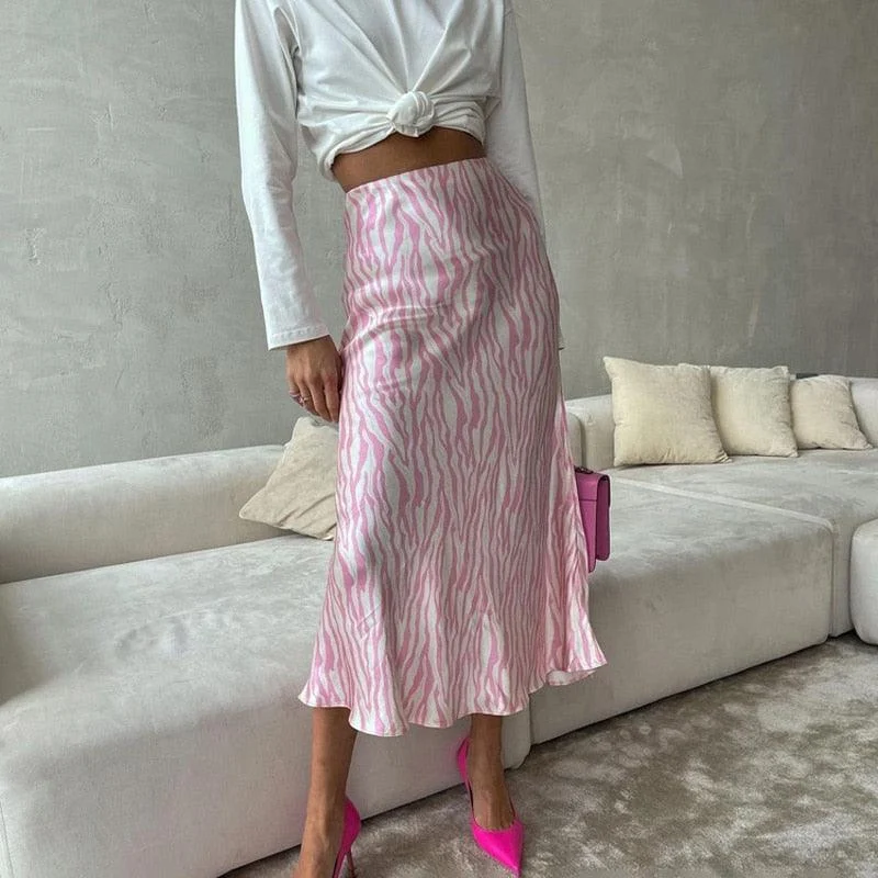 Pink Zebra Midi Mermaid Satin Skirts - Glova