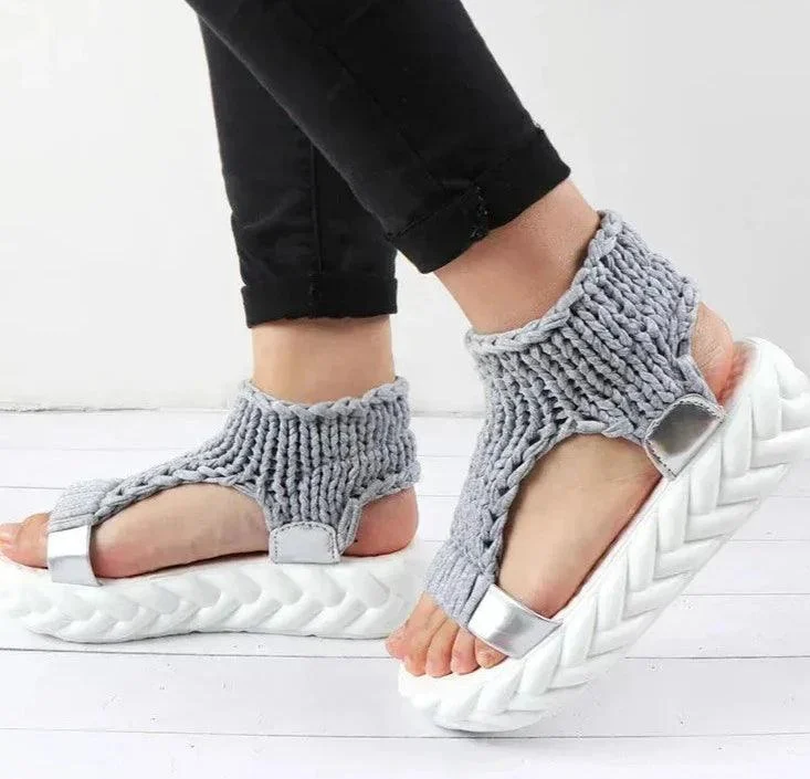 Platform Gladiator Knitted Elastic Shoes Ladies Flat Sandals - Glova