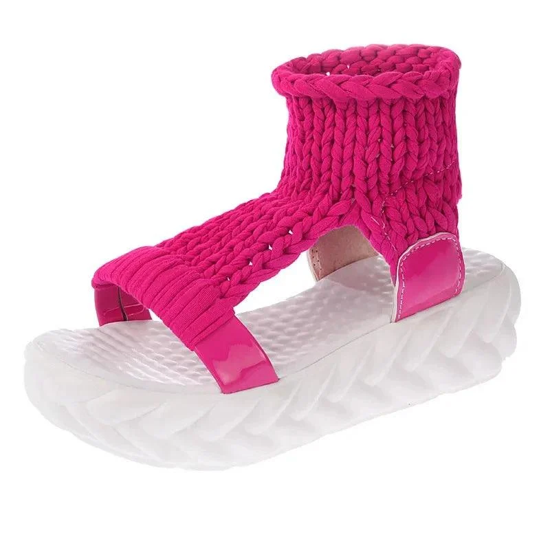 Platform Gladiator Knitted Elastic Shoes Ladies Flat Sandals - Glova