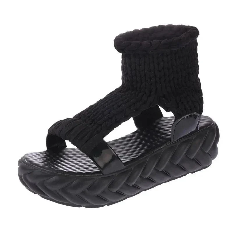 Platform Gladiator Knitted Elastic Shoes Ladies Flat Sandals - Glova