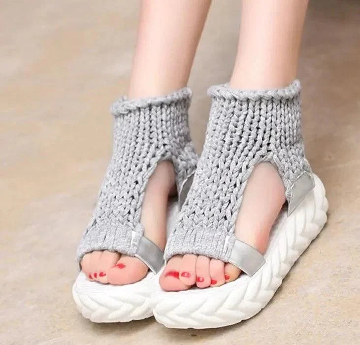 Platform Gladiator Knitted Elastic Shoes Ladies Flat Sandals - Glova