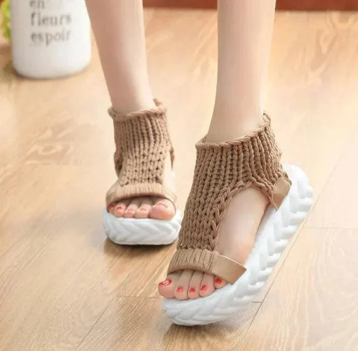 Platform Gladiator Knitted Elastic Shoes Ladies Flat Sandals - Glova