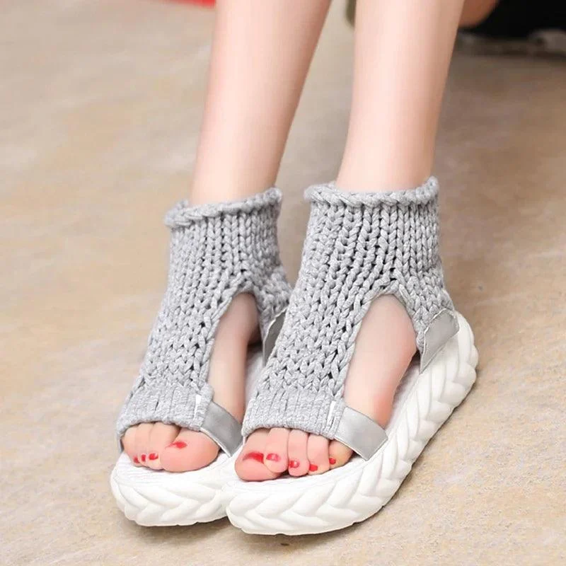 Platform Gladiator Knitted Elastic Shoes Ladies Flat Sandals - Glova