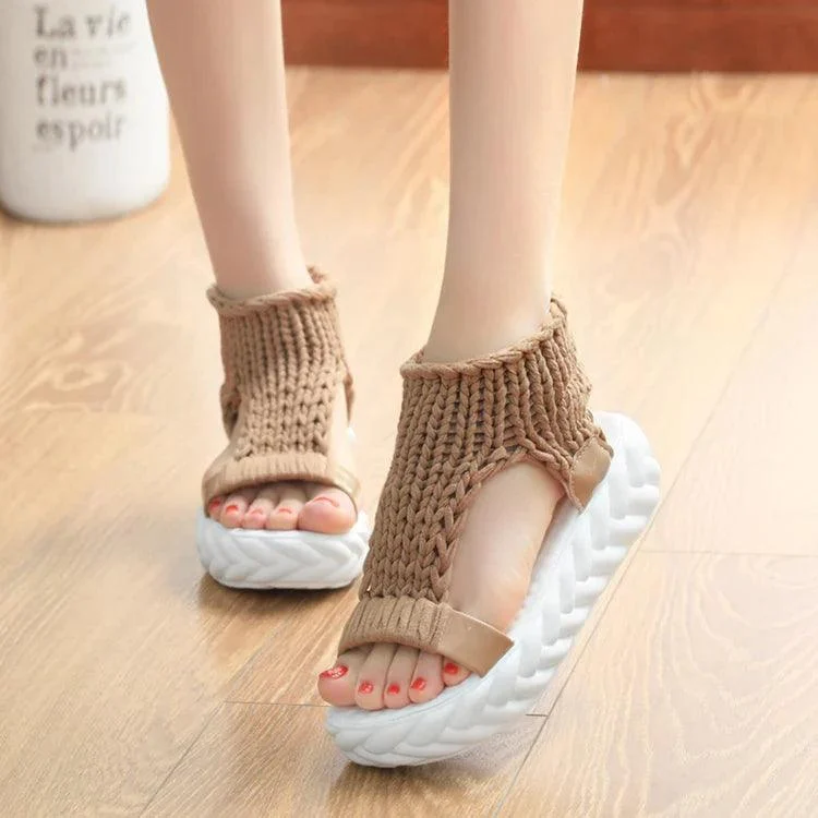 Platform Gladiator Knitted Elastic Shoes Ladies Flat Sandals - Glova