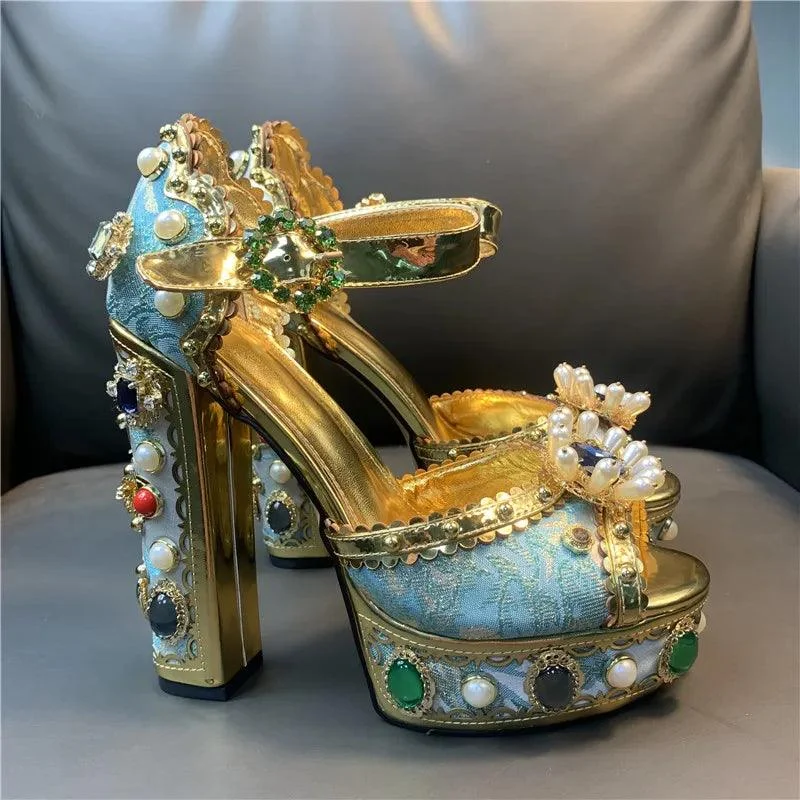 Platform Heeled Rhinestone Metallic Gold Peep Toe Shoes - Glova