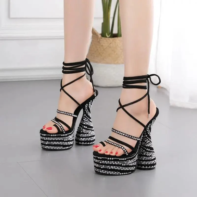 Platform High Heels Diamond/Zebra/Solid Sandals Shoes - Glova