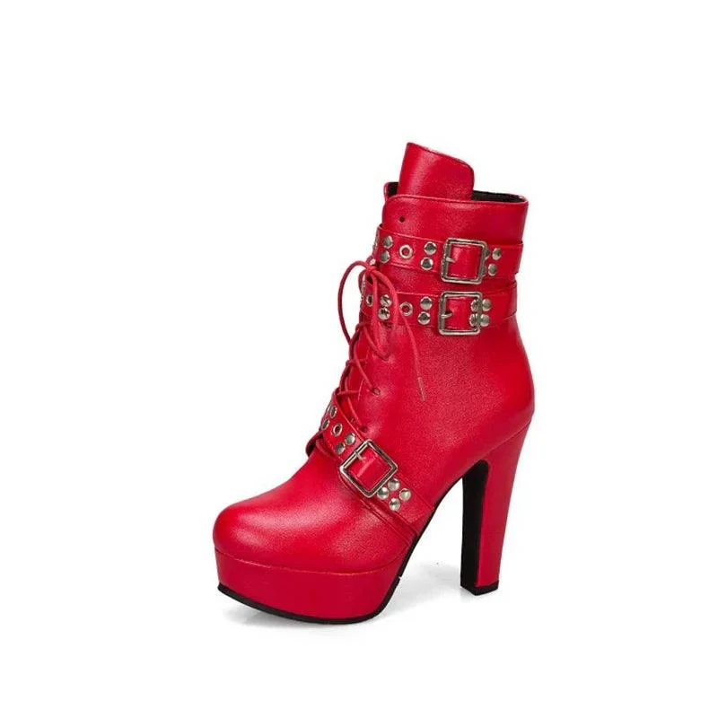 Platform Lace Up High Heel Short Buckle Ankle Boots - Glova