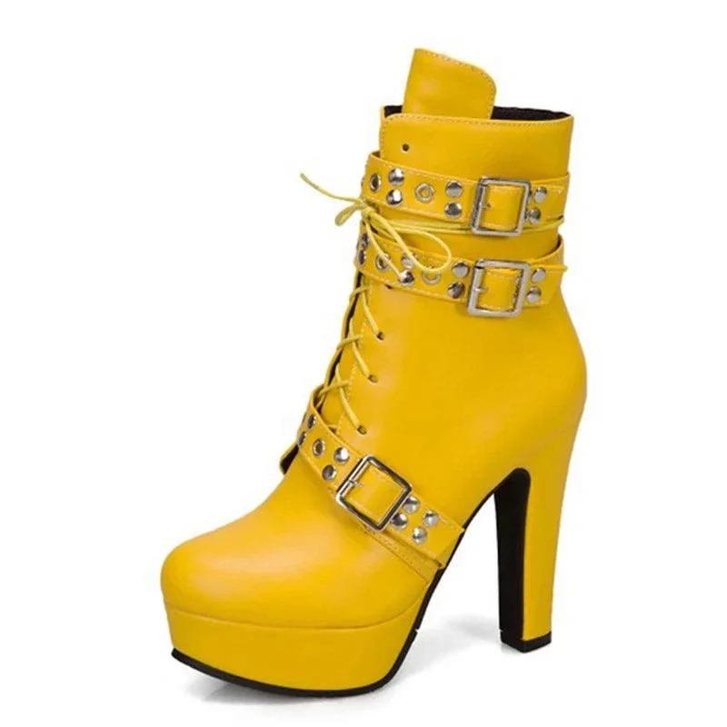 Platform Lace Up High Heel Short Buckle Ankle Boots - Glova