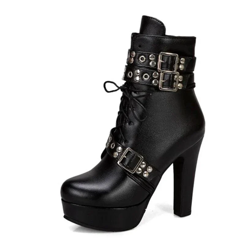 Platform Lace Up High Heel Short Buckle Ankle Boots - Glova