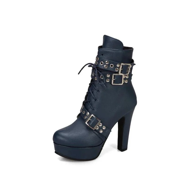 Platform Lace Up High Heel Short Buckle Ankle Boots - Glova