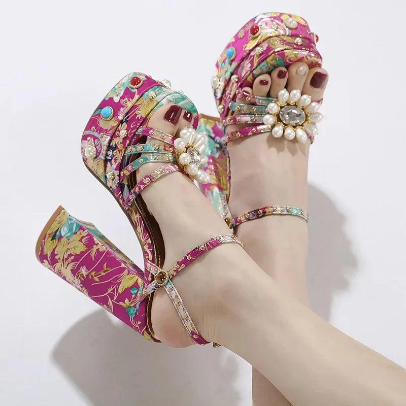 Platform Pumps Chunky High Heel Ankle Strap Beaded Sandals - Glova