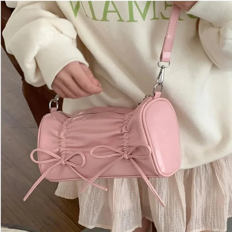 Pleated Bow Pillow Shaped PU Leather Handbag - Glova