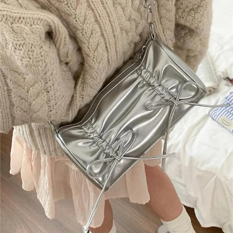 Pleated Bow Pillow Shaped PU Leather Handbag - Glova