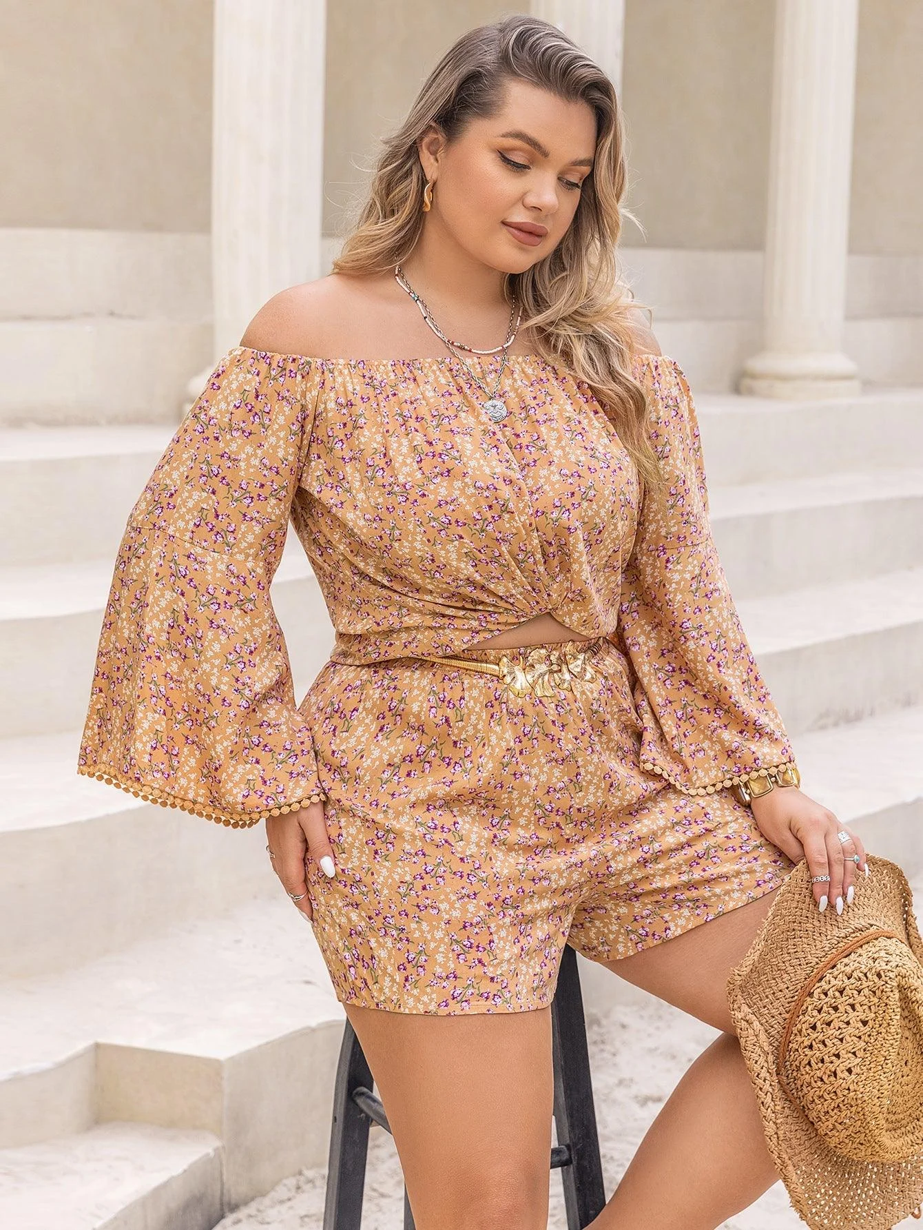 PLUS SIZE Top & Shorts Boho Matching Set - Glova