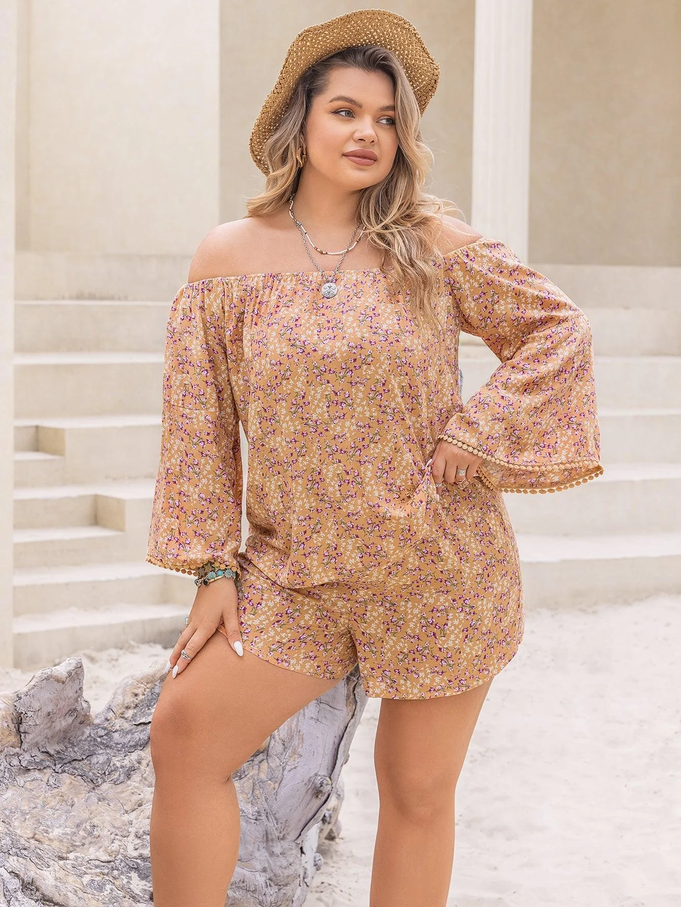 PLUS SIZE Top & Shorts Boho Matching Set - Glova