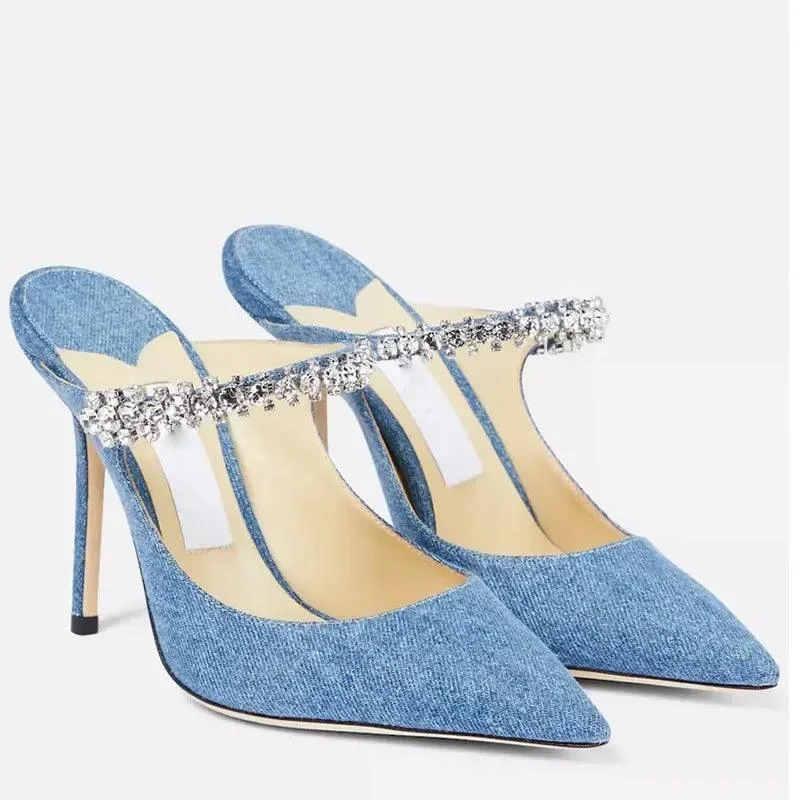 Pointed High Heels Rhinestone Slippers for Women - Glova