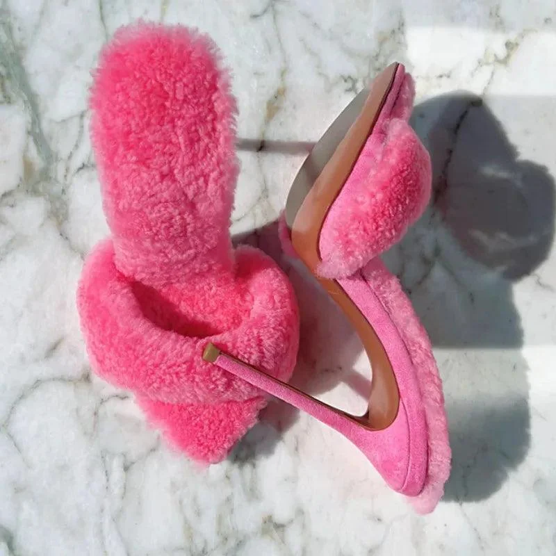 Pointed Peep Toe Fur Dress Slides Women's Sandals - Glova