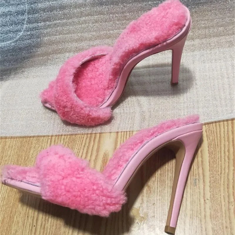 Pointed Peep Toe Fur Dress Slides Women's Sandals - Glova