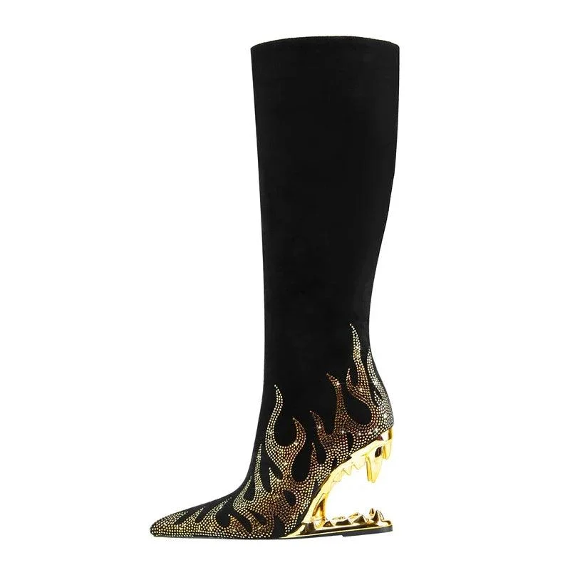 Pointed Rhinestone Wolf Teeth High Heel Women's Long Boots - Glova