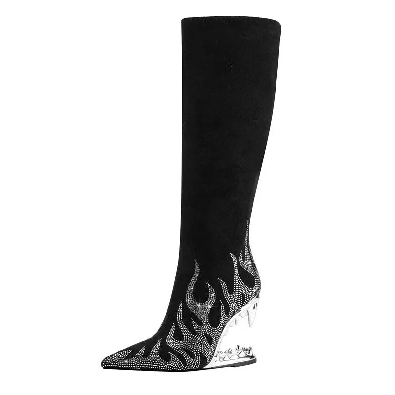 Pointed Rhinestone Wolf Teeth High Heel Women's Long Boots - Glova