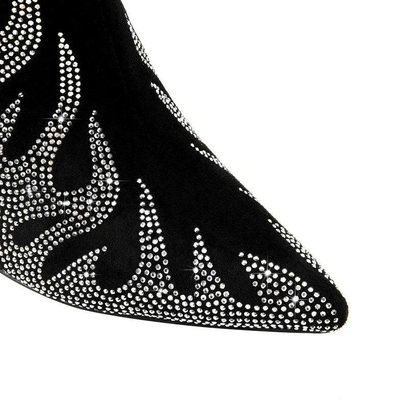 Pointed Rhinestone Wolf Teeth High Heel Women's Long Boots - Glova