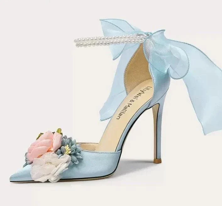 Pointed Silk Satin Flower Pearl Sandals with Thin High Heels - Glova