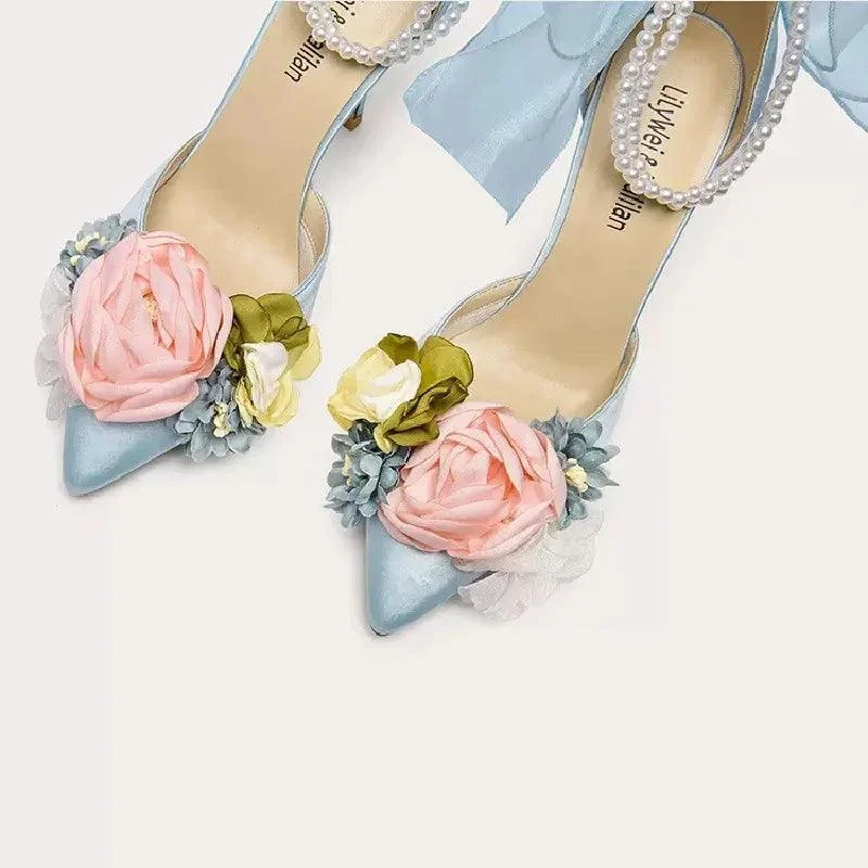 Pointed Silk Satin Flower Pearl Sandals with Thin High Heels - Glova