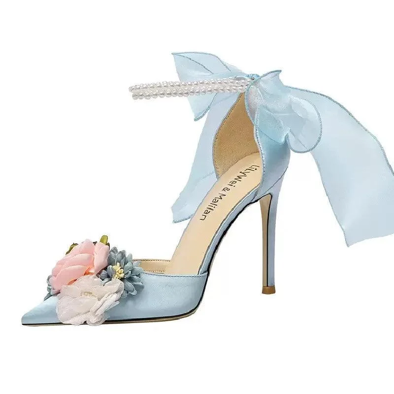 Pointed Silk Satin Flower Pearl Sandals with Thin High Heels - Glova