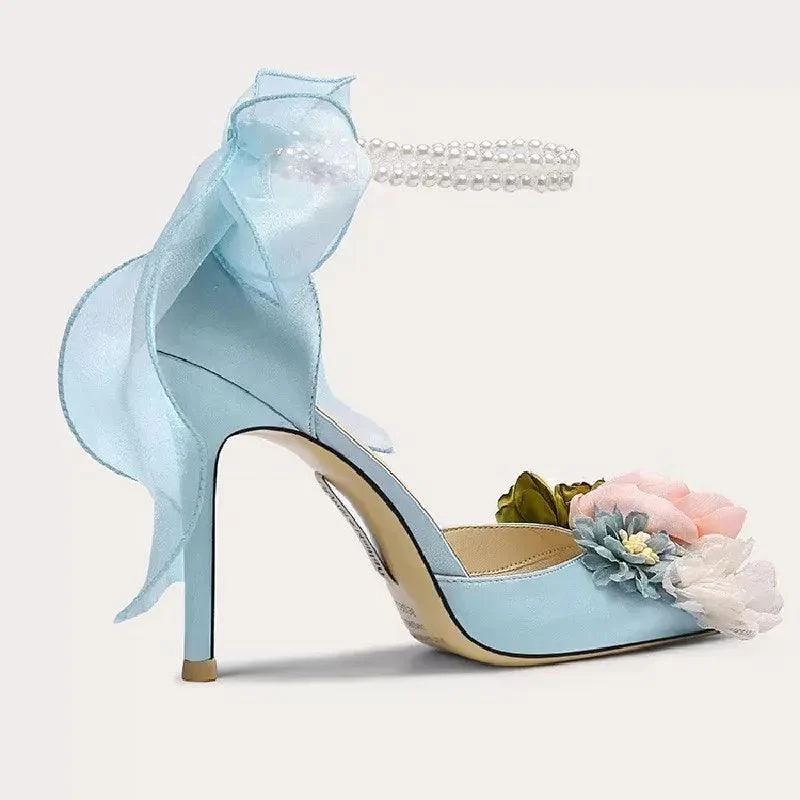 Pointed Silk Satin Flower Pearl Sandals with Thin High Heels - Glova