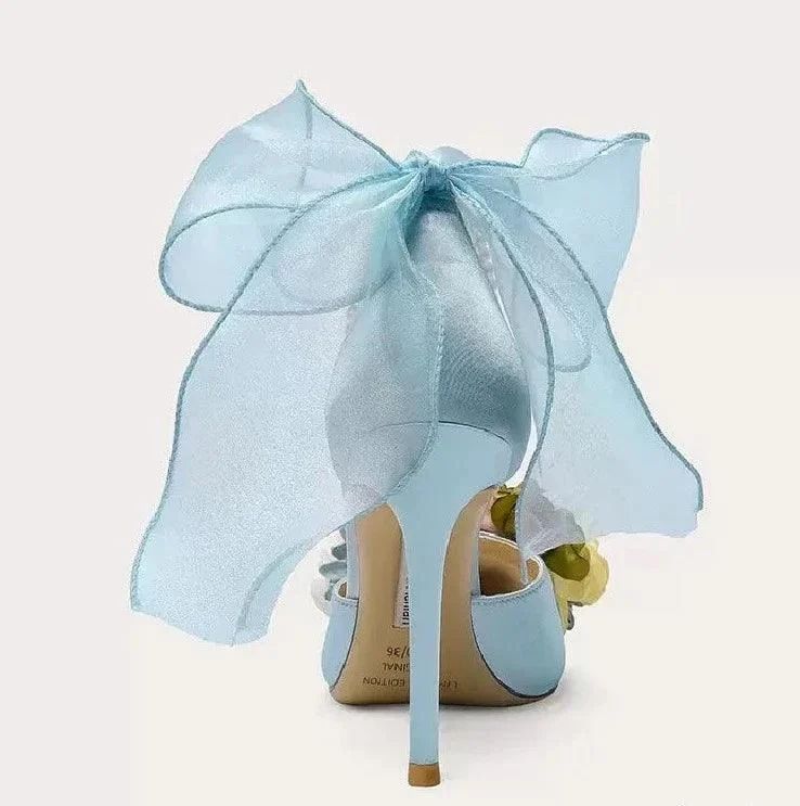 Pointed Silk Satin Flower Pearl Sandals with Thin High Heels - Glova