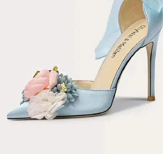 Pointed Silk Satin Flower Pearl Sandals with Thin High Heels - Glova