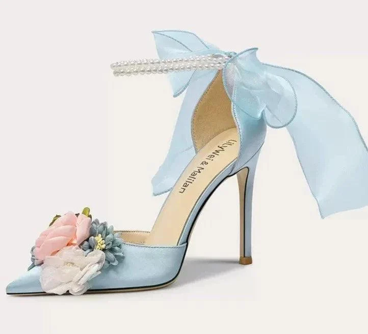 Pointed Silk Satin Flower Pearl Sandals with Thin High Heels - Glova