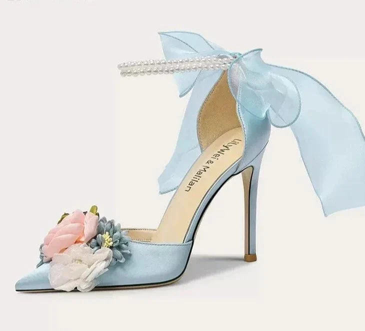 Pointed Silk Satin Flower Pearl Sandals with Thin High Heels - Glova