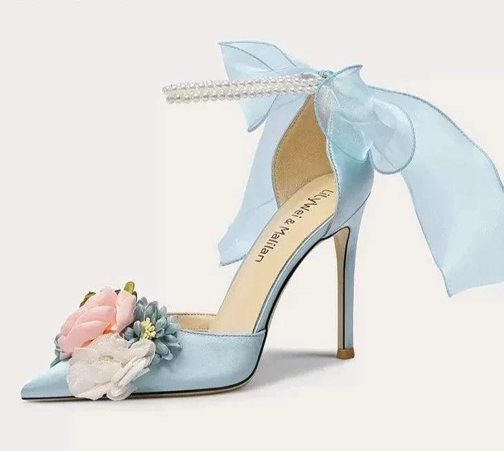 Pointed Silk Satin Flower Pearl Sandals with Thin High Heels - Glova