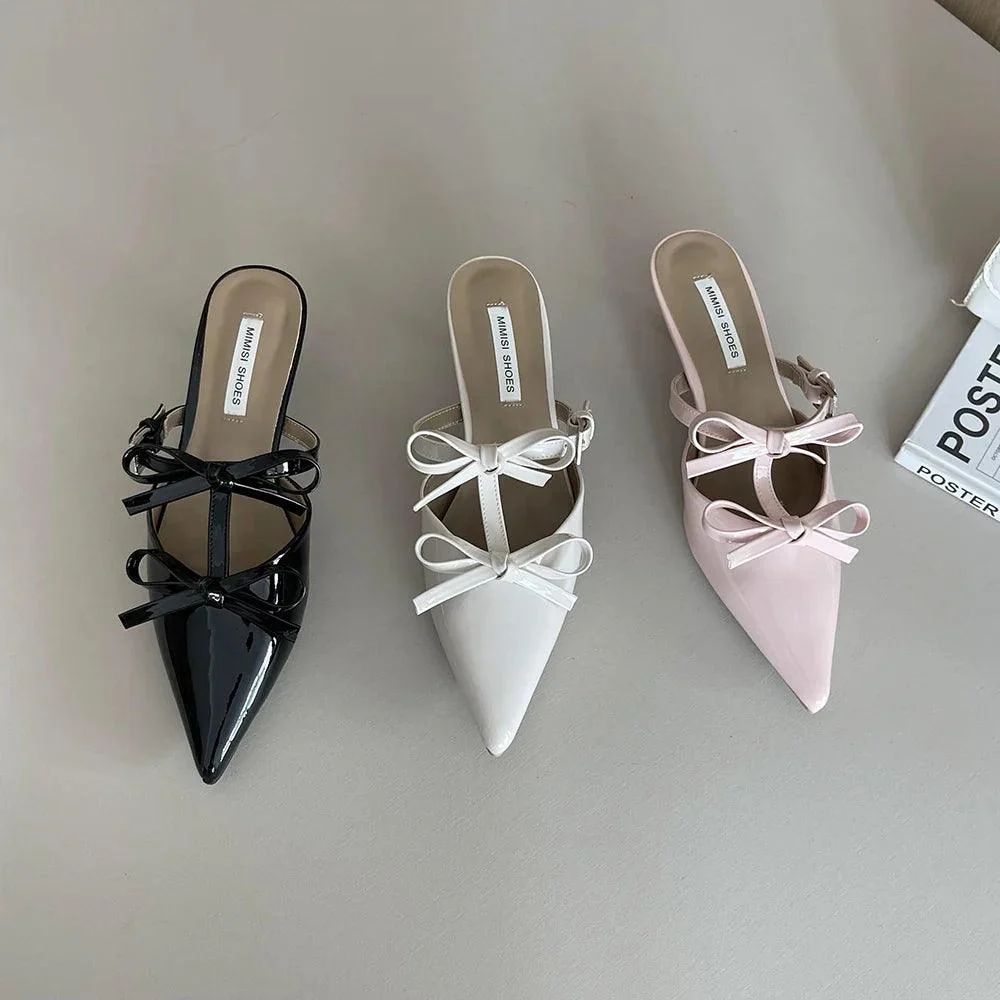 Pointed Toe Bow Design Mules Shoes Thin Low Heels Pumps - Glova