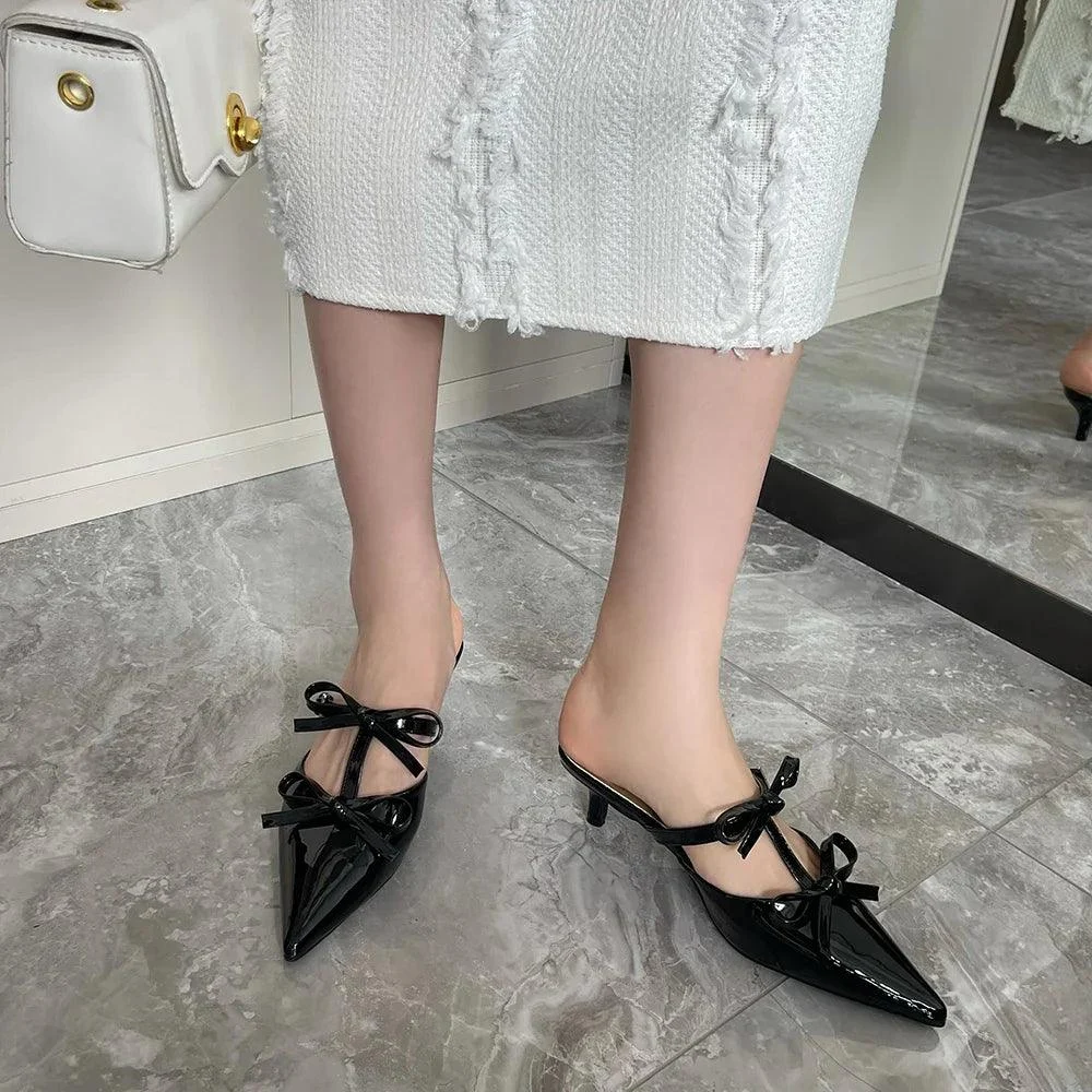 Pointed Toe Bow Design Mules Shoes Thin Low Heels Pumps - Glova