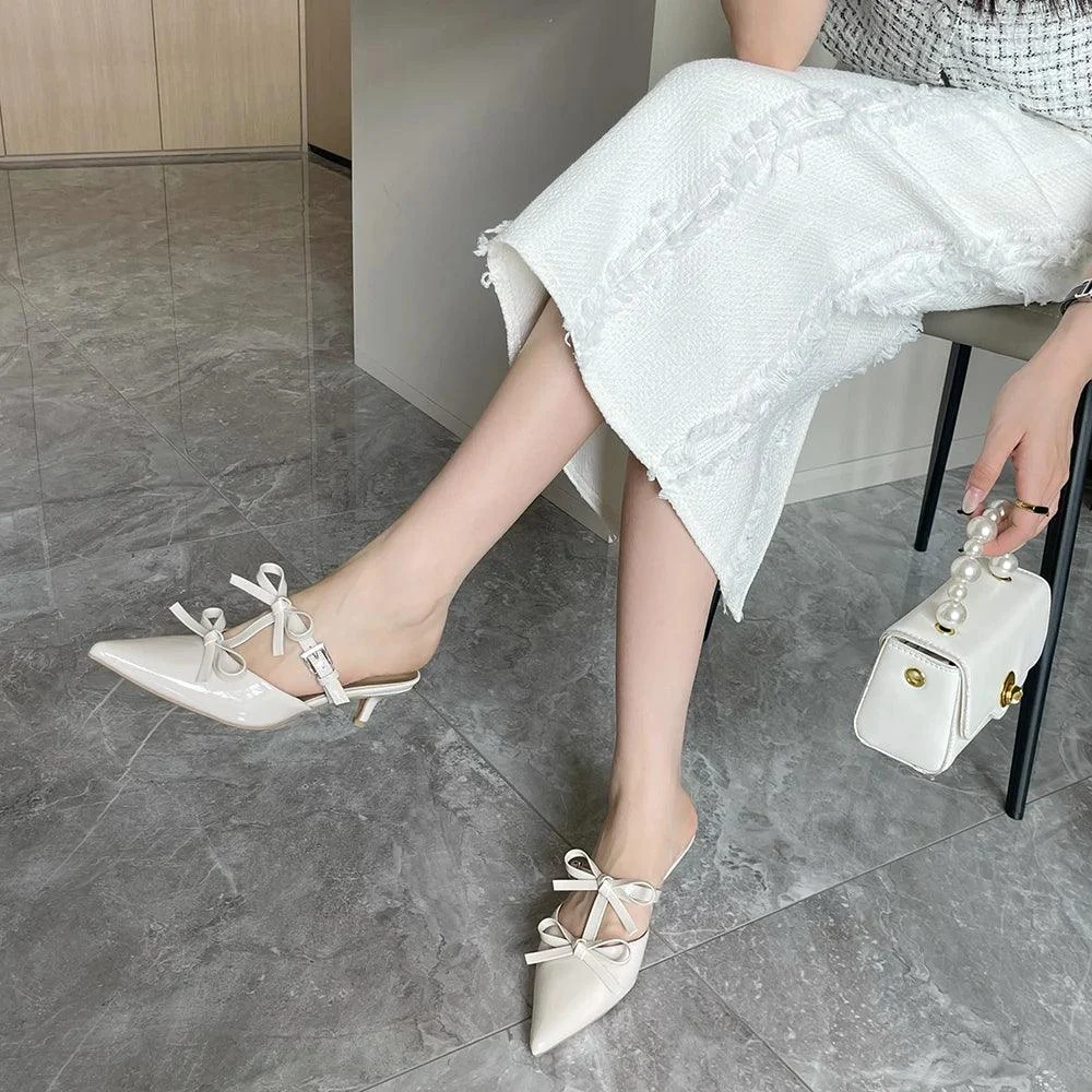 Pointed Toe Bow Design Mules Shoes Thin Low Heels Pumps - Glova