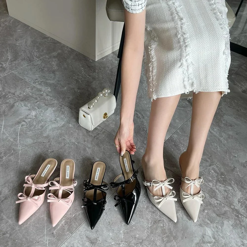 Pointed Toe Bow Design Mules Shoes Thin Low Heels Pumps - Glova