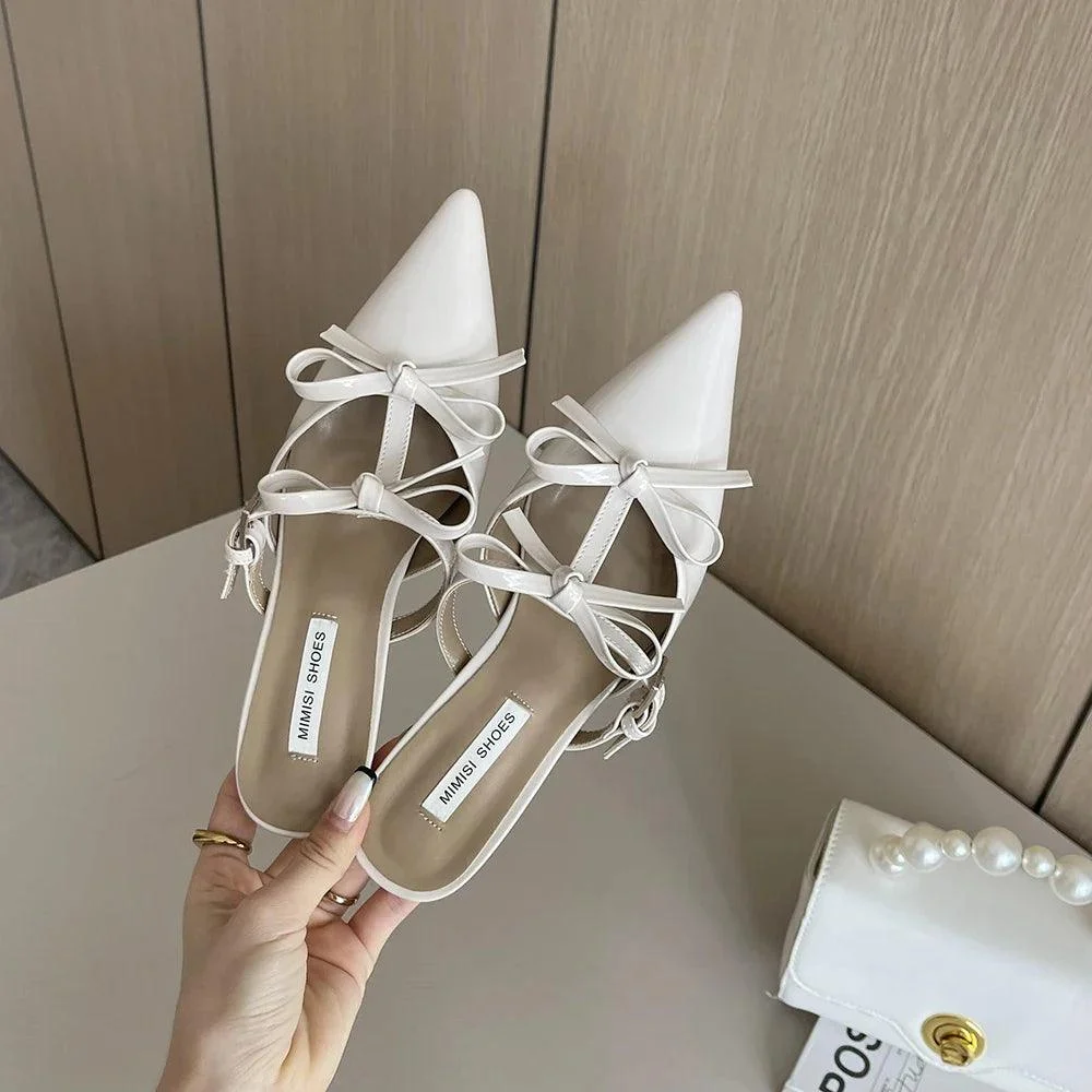 Pointed Toe Bow Design Mules Shoes Thin Low Heels Pumps - Glova