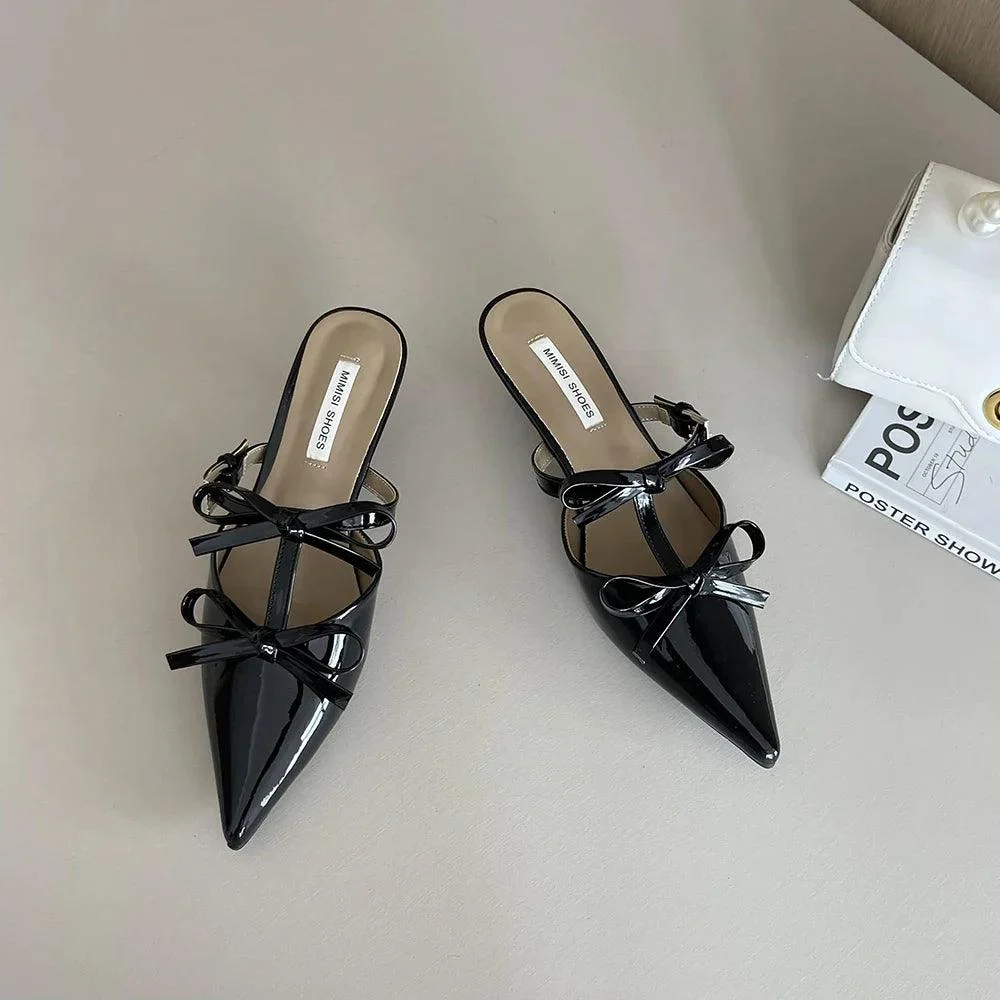 Pointed Toe Bow Design Mules Shoes Thin Low Heels Pumps - Glova