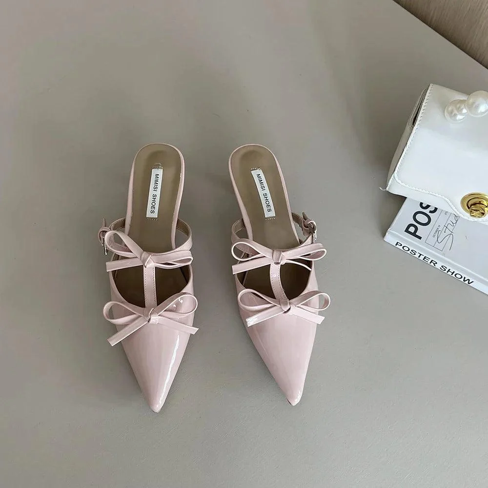 Pointed Toe Bow Design Mules Shoes Thin Low Heels Pumps - Glova